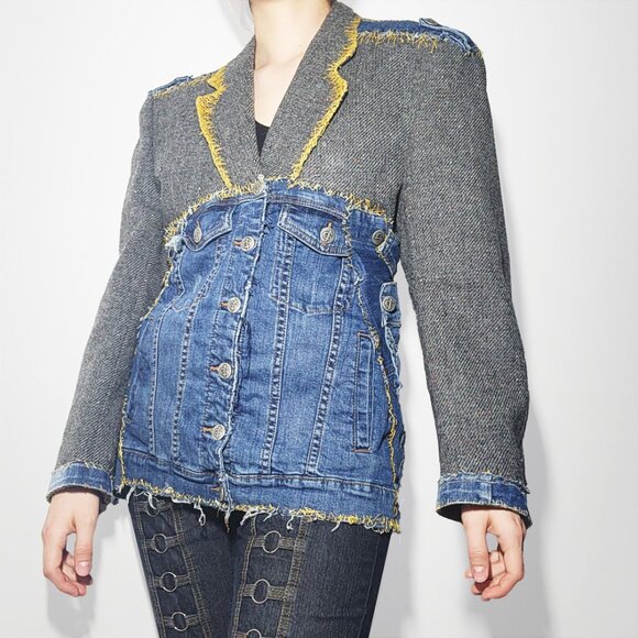 Vintage unique half wool half denim jacket embroidered unique tailored blazer - Picture 2 of 10